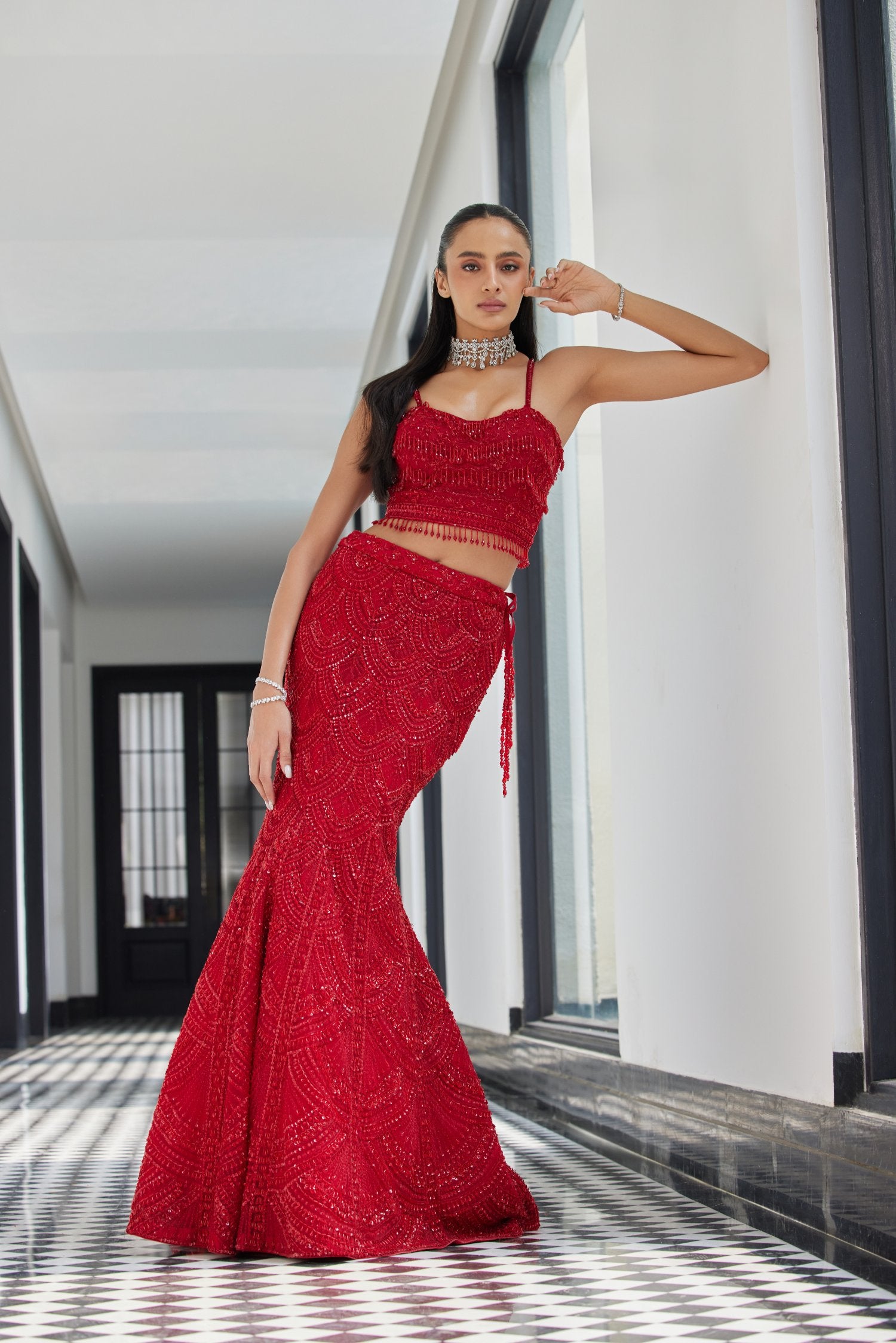 Red On Red Fish Cut Lehenga With A Short Jacket AGASHE Red On Red Fish Cut Lehenga With A Short Jacket AGASHE