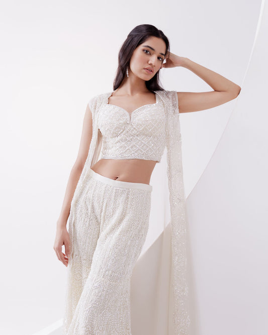 Ivory Indowestern Jacket Set With Flaired Pants