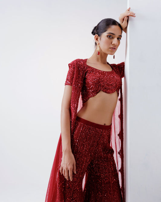 Red Indowestern Jacket Set With Flaired Pants