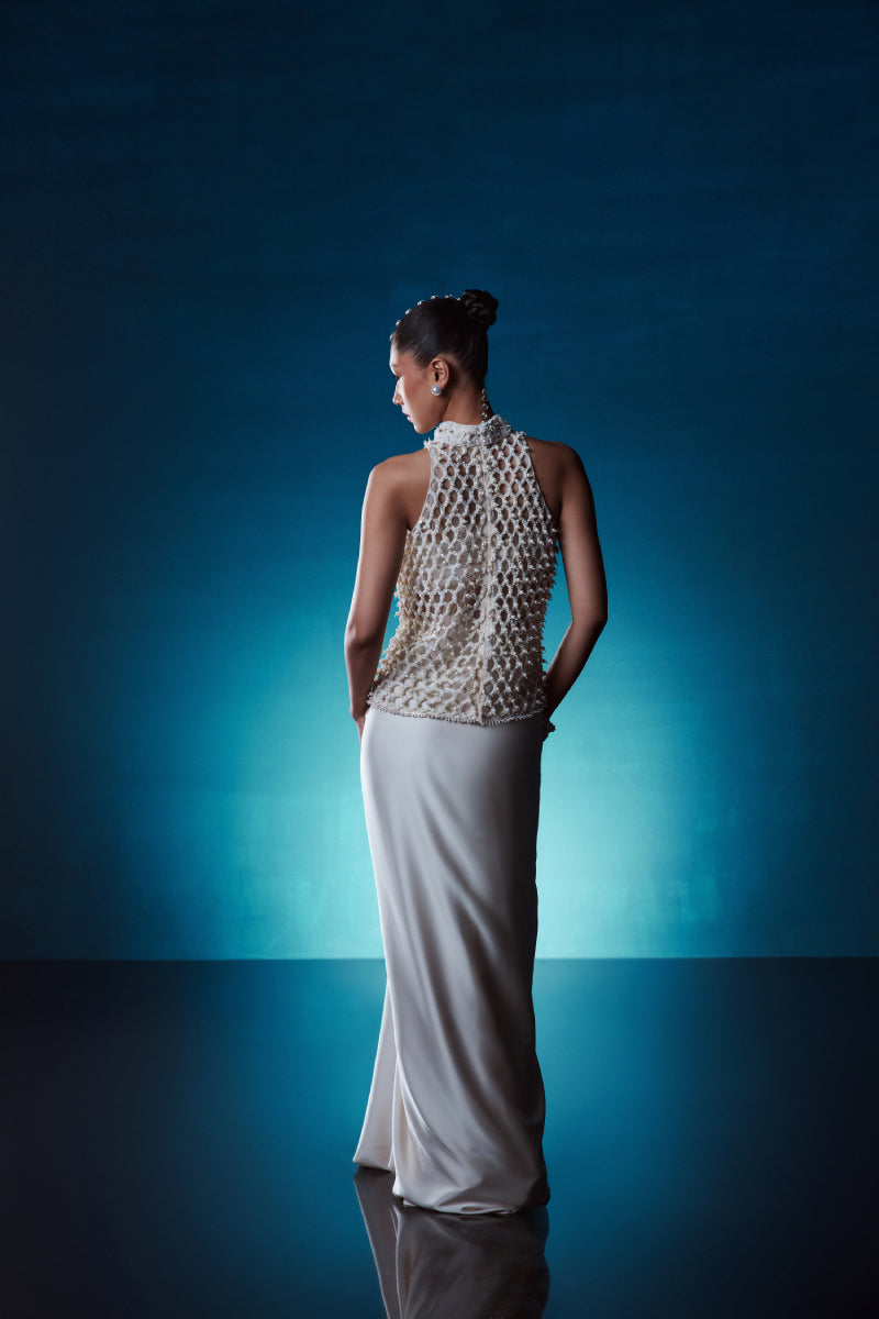 Ivory Pearl Cutwork Top With Skirt