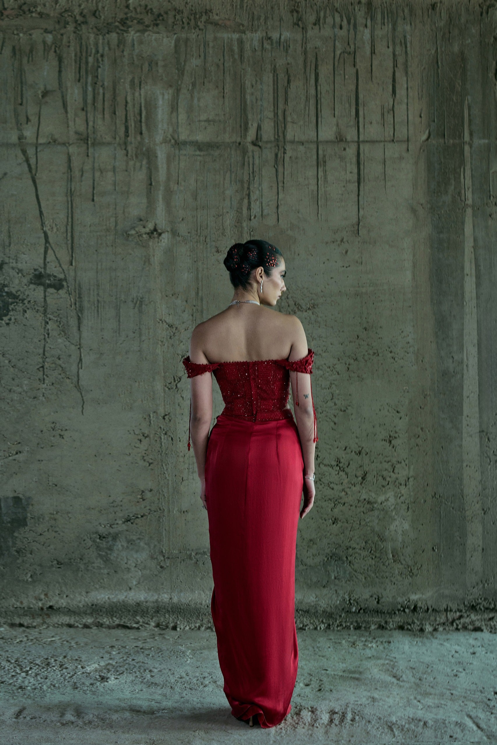 Red Crystal Embellished Off Shoulder Corset With Skirt Set