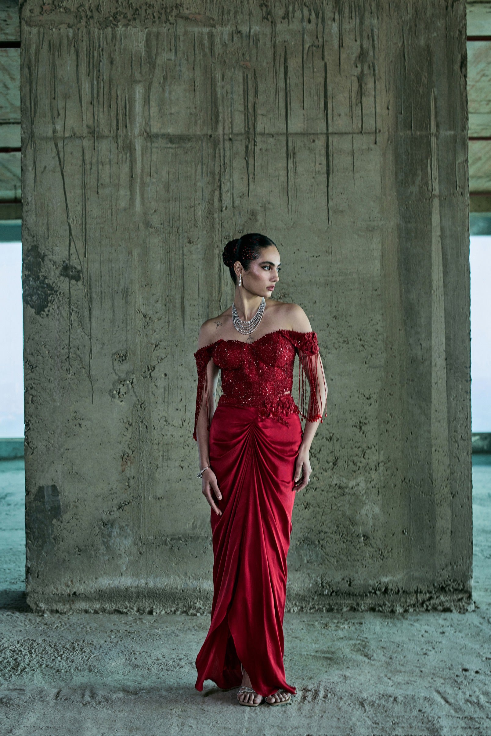 Red Crystal Embellished Off Shoulder Corset With Skirt Set