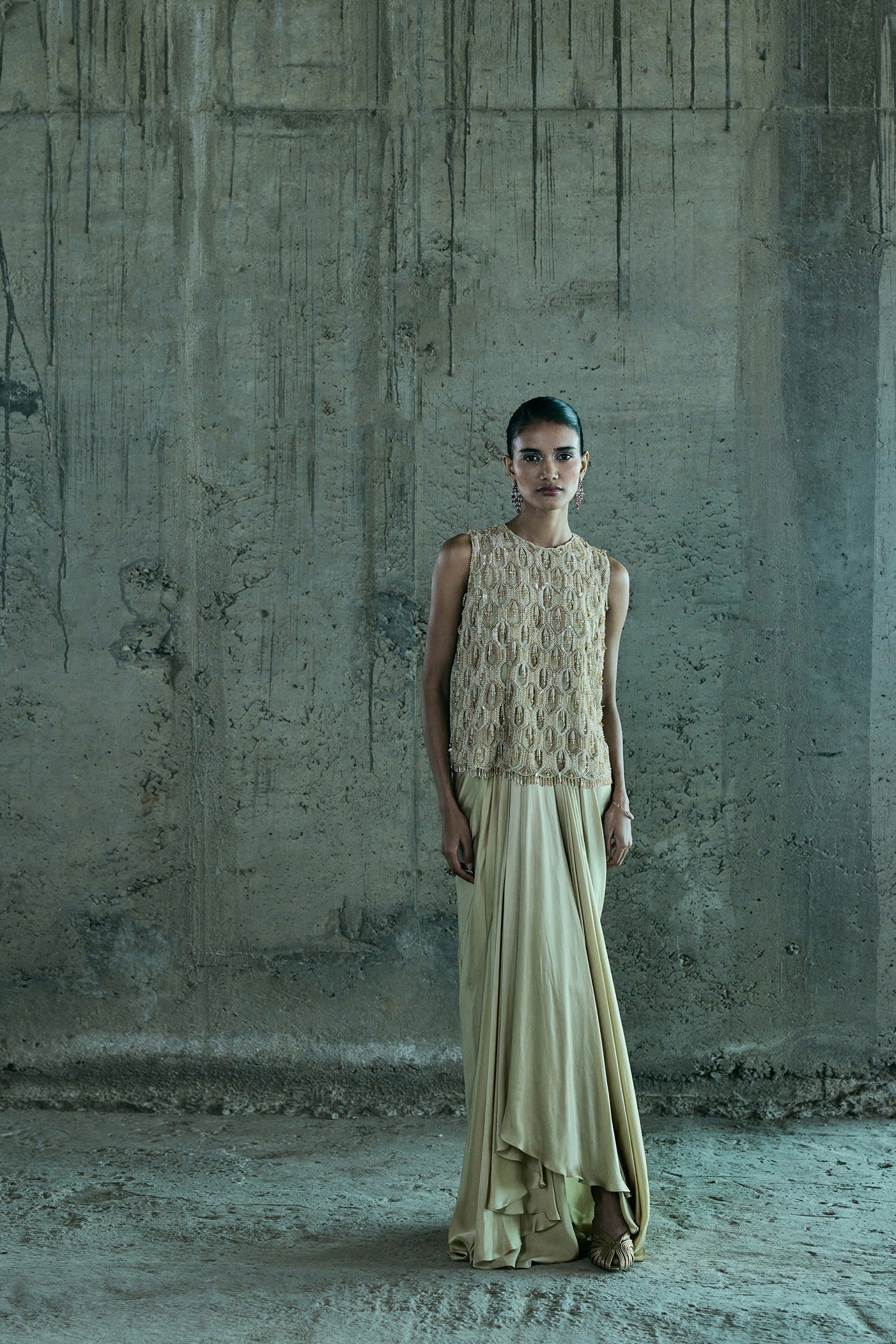 Beige Crystal Cutowk Top With Skirt Set