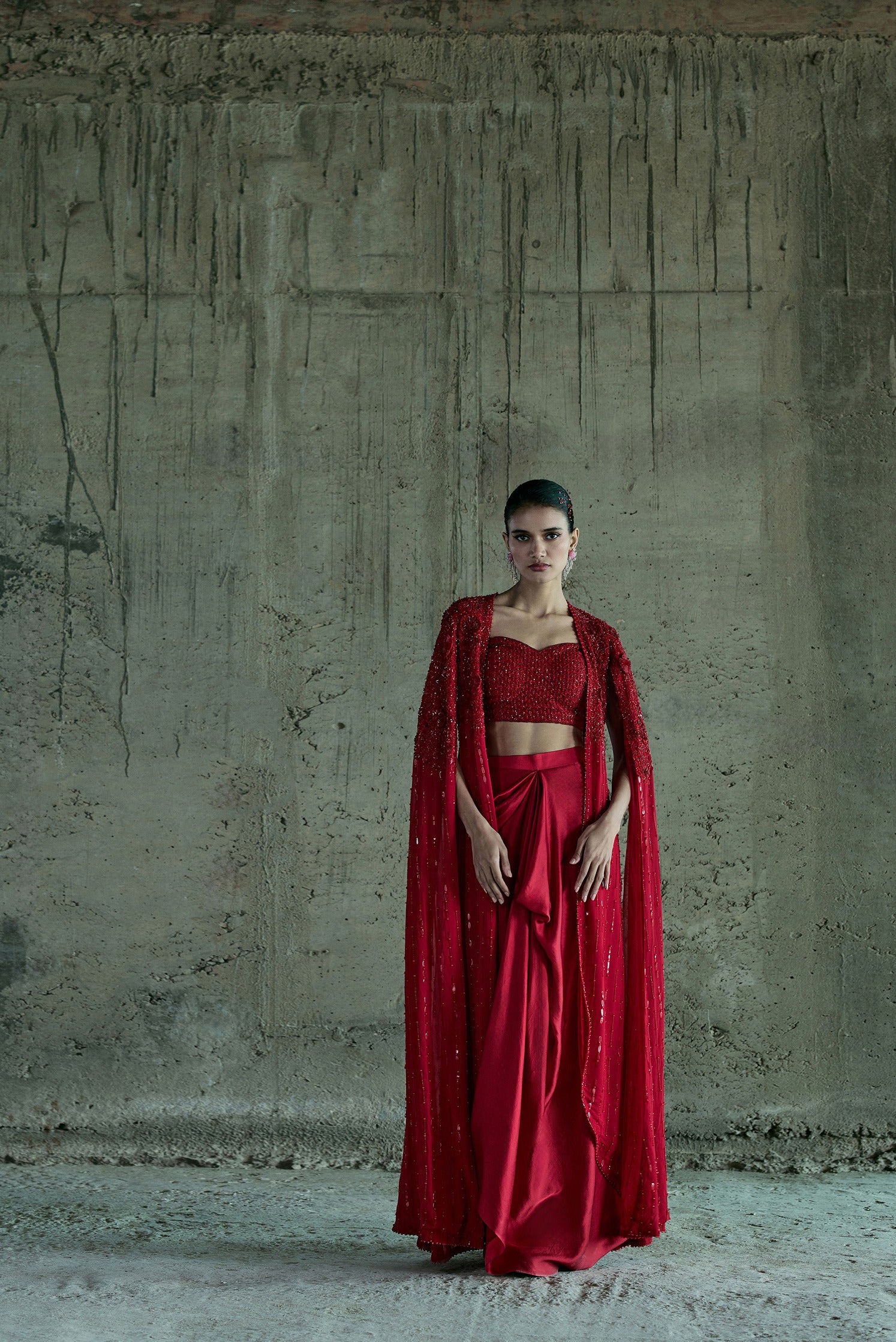 Red Long Cape Set With Bustier And Skirt