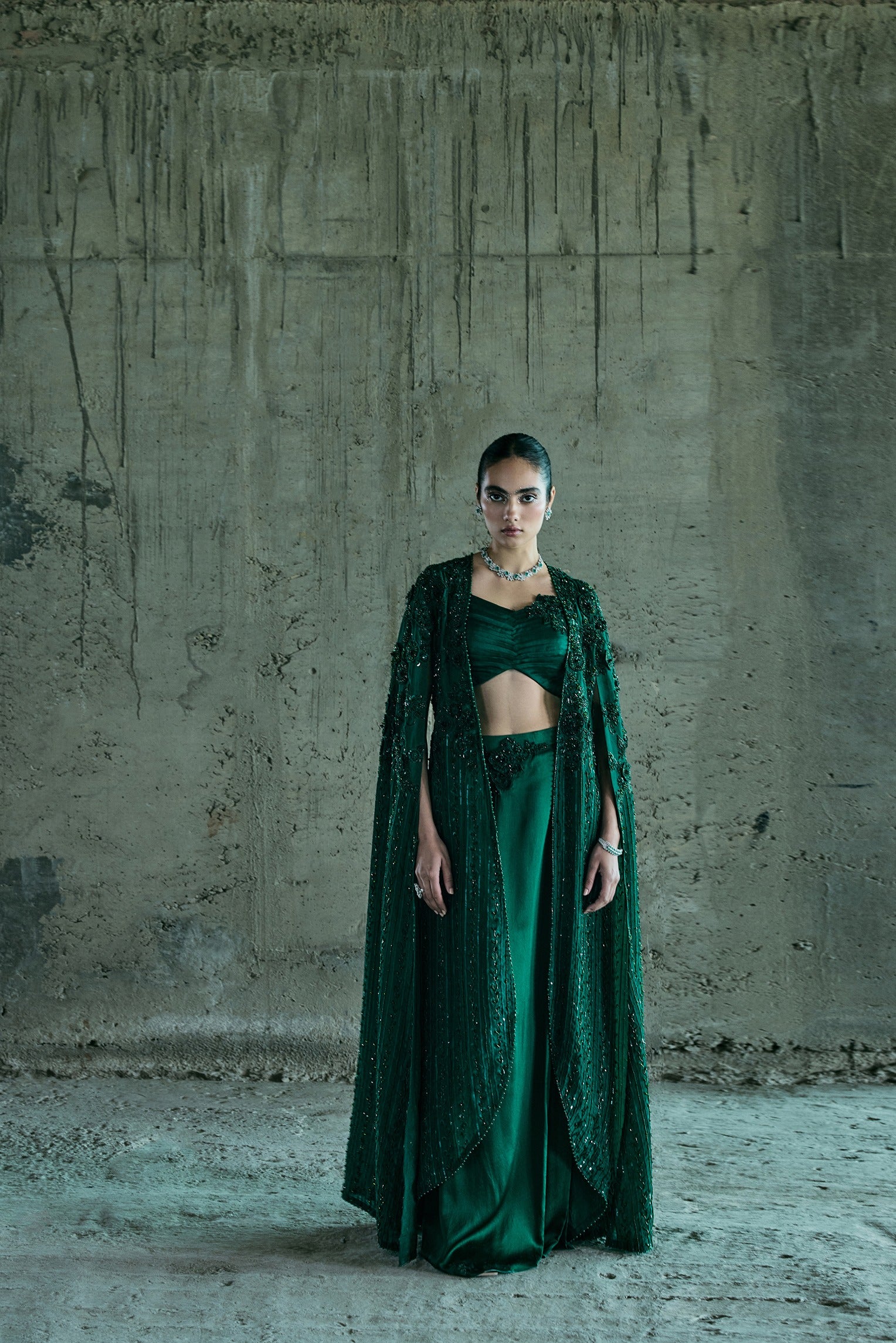 Emerald Long Cape Set With Bustier And Skirt