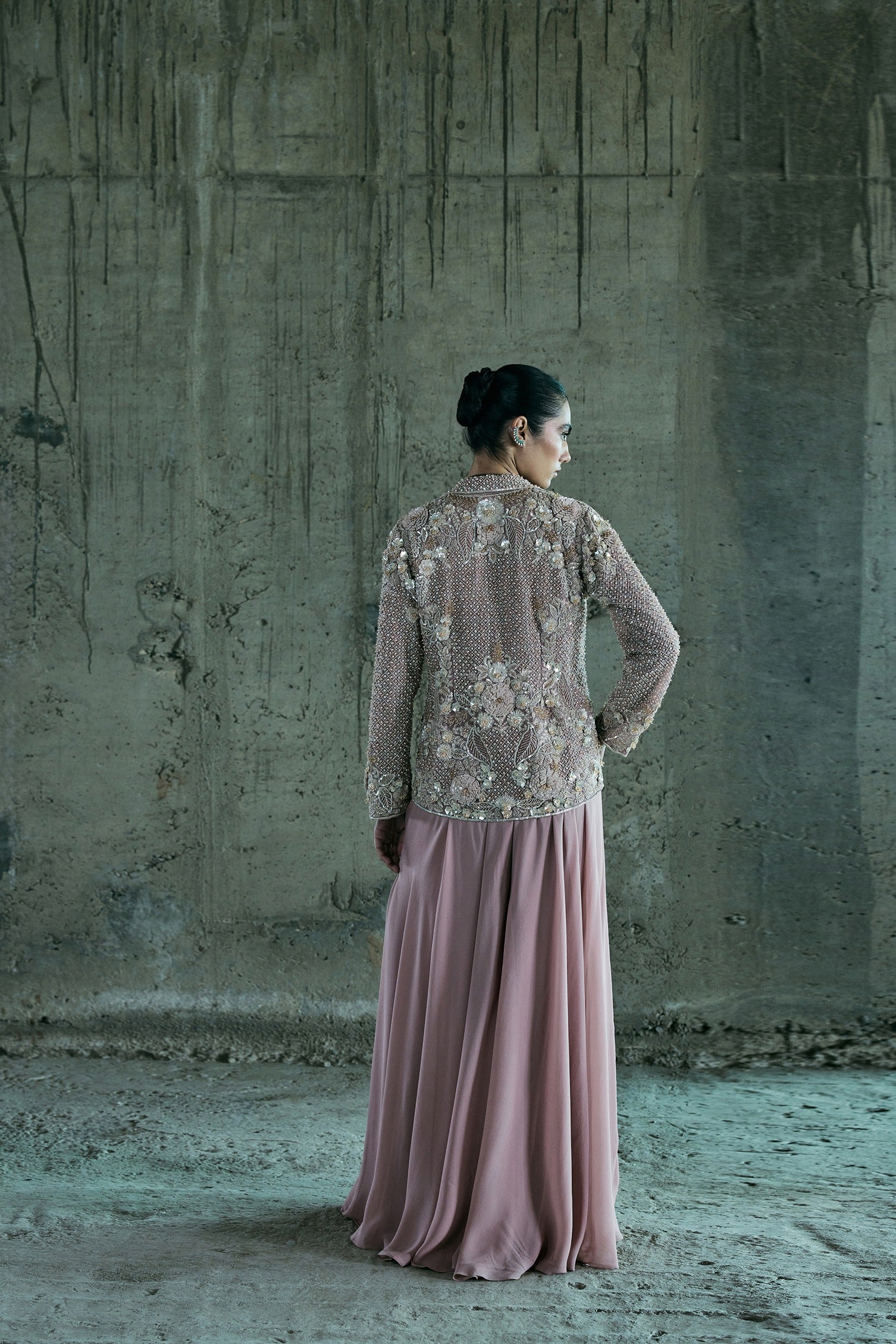 Rose Gold Embroidered Blazer Set With Pants And Bustier