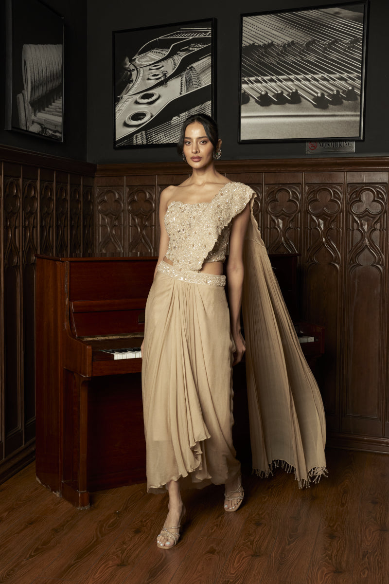 Beige Corset Drape Saree Set