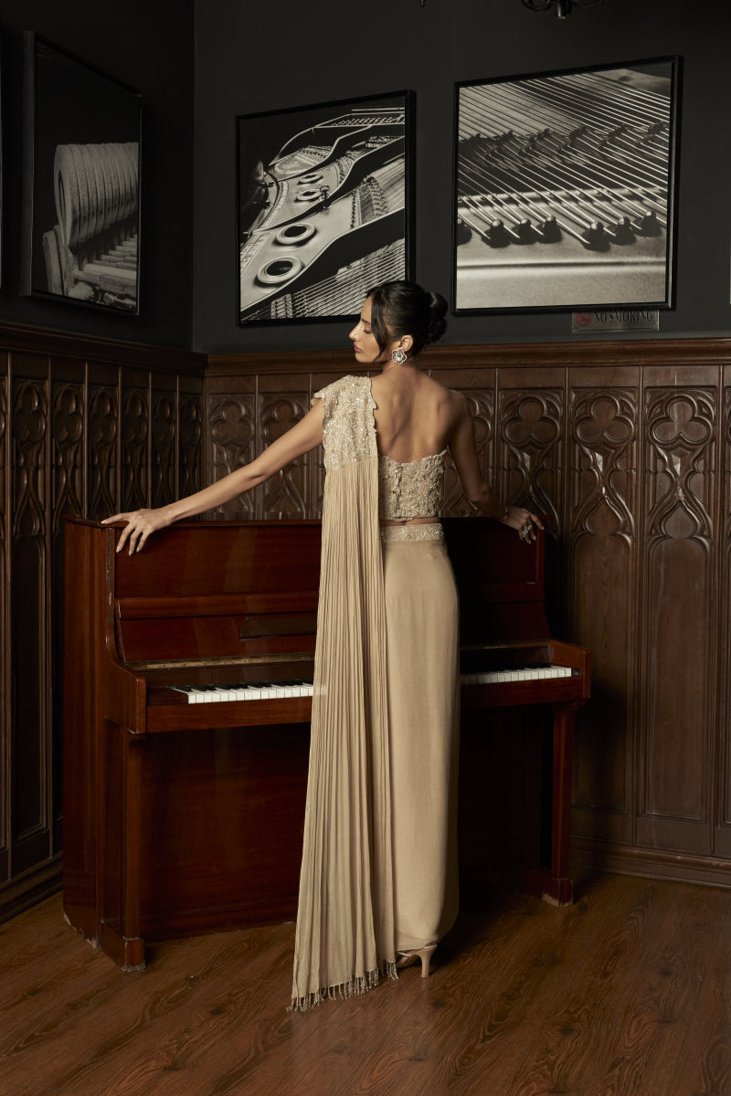 Beige Corset Drape Saree Set