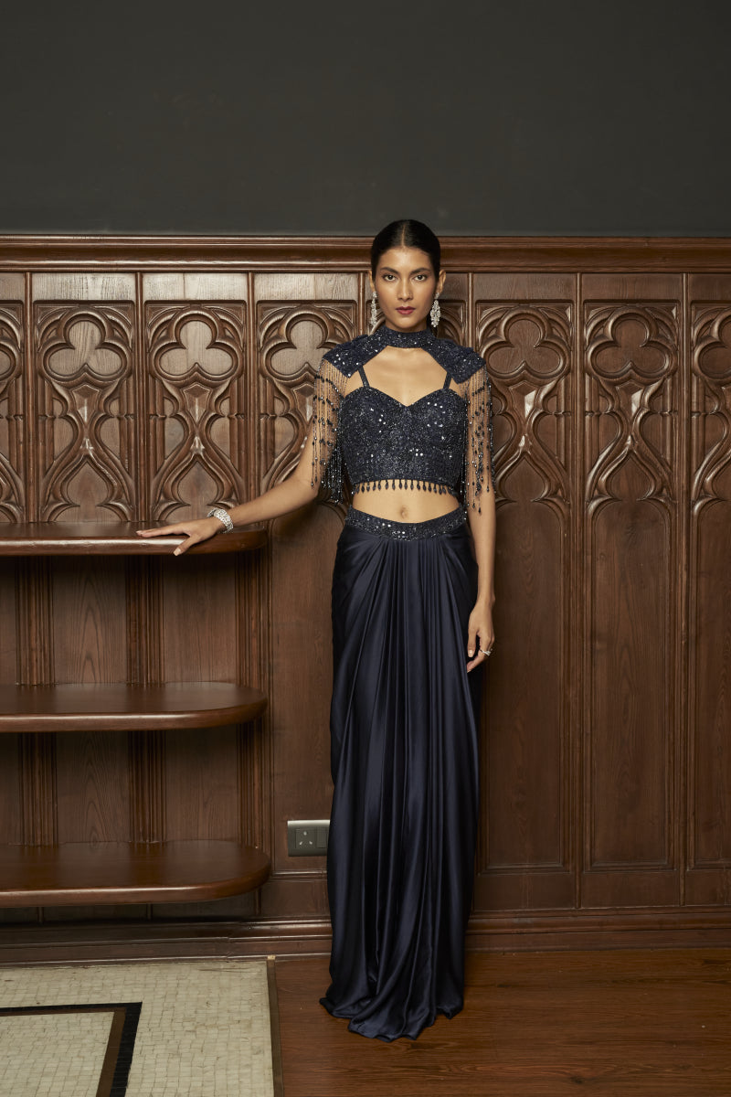 Navy Indo-Western Cape-Skirt Set