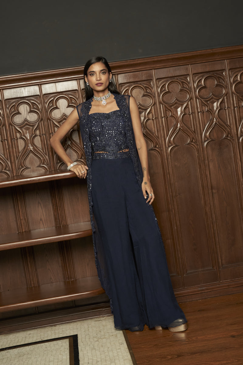 Navy Indo-Western Corset With Jacket Set