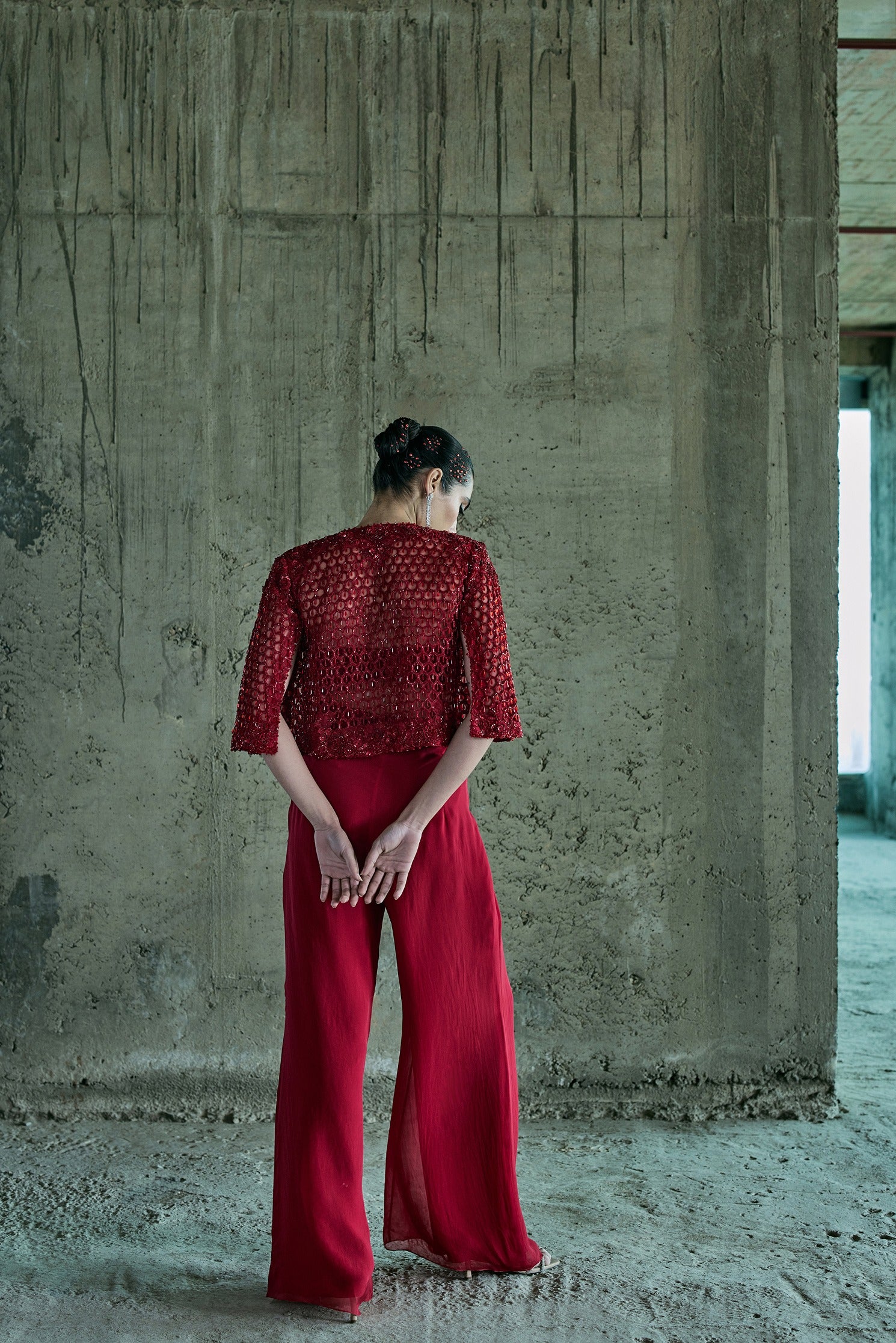 Red Cutwork Jacket Set With Pants