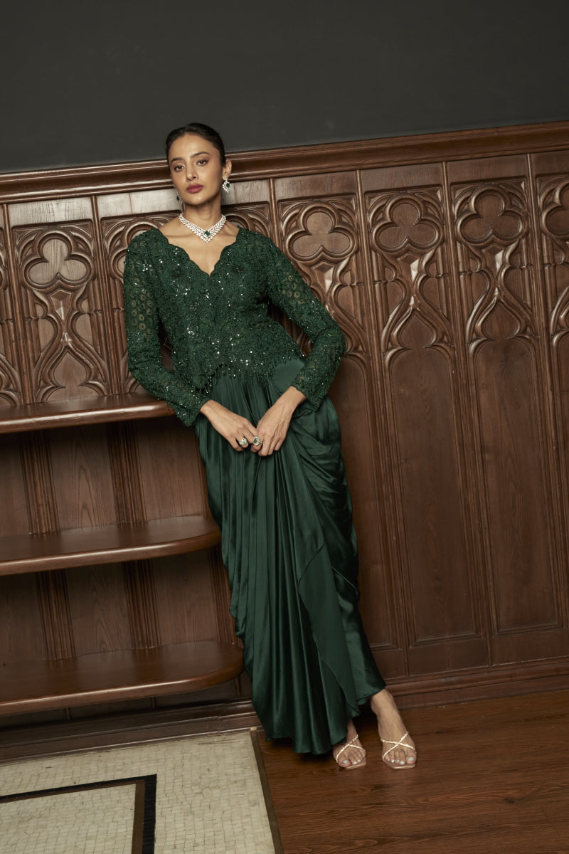 Emerald Embroidered Jacket With Draped Skirt