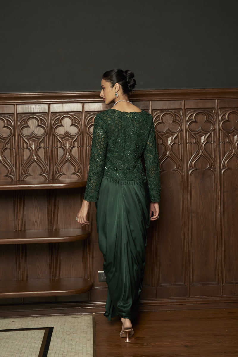 Emerald Embroidered Jacket With Draped Skirt