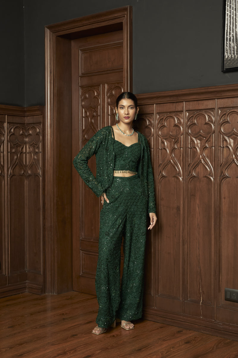 Emerald Indowestern Short Jacket Set With Flaired Pants