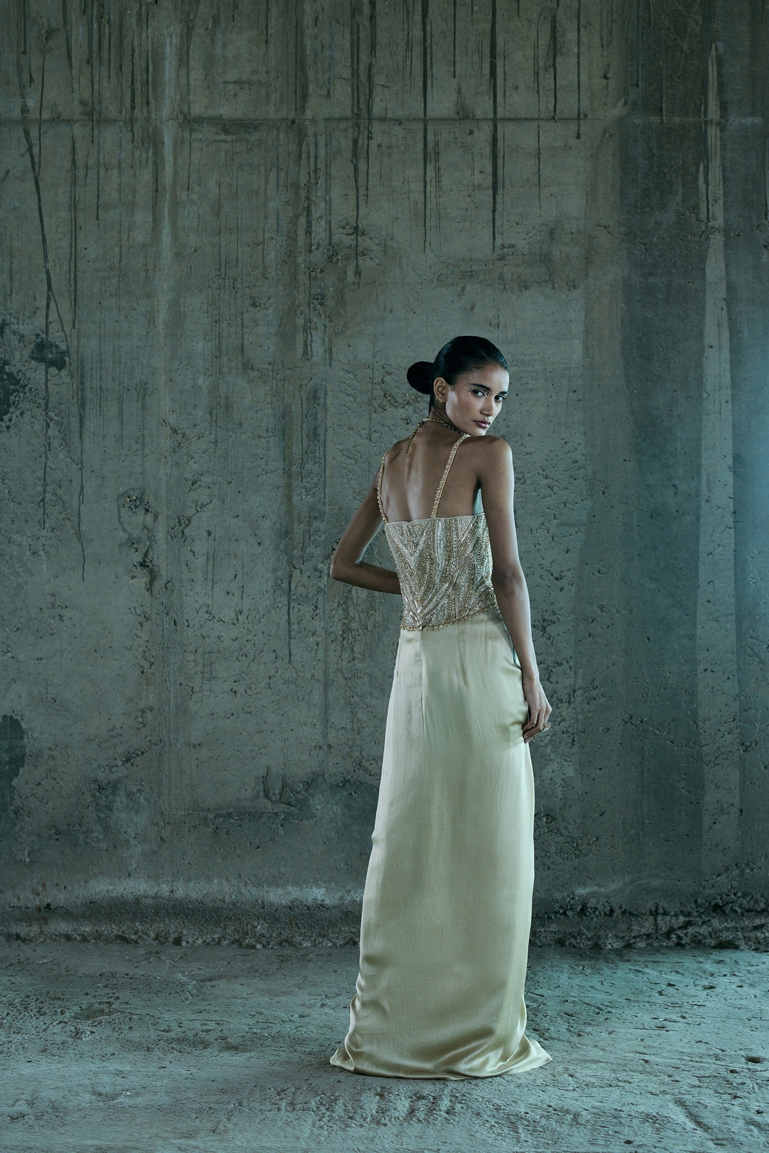 Beige Hand Embellished Corset With Skirt Set