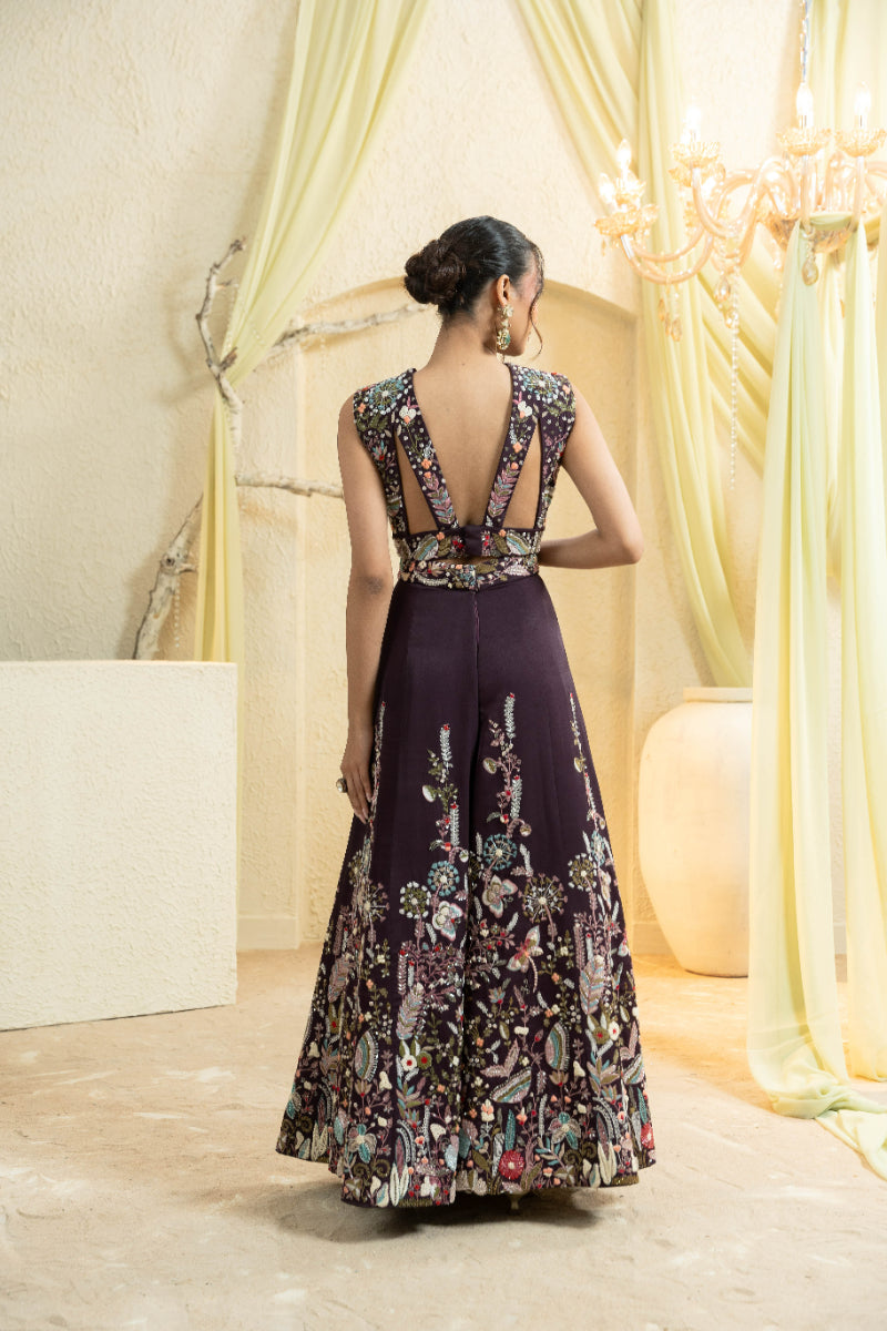 Wine Hand-Embroidered Jumpsuit