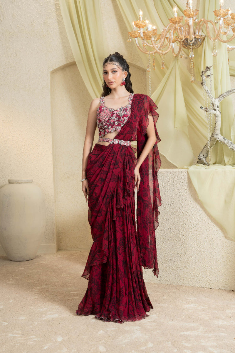 Shadow Rose Hand-Embroidered Ruffle Saree With Belt