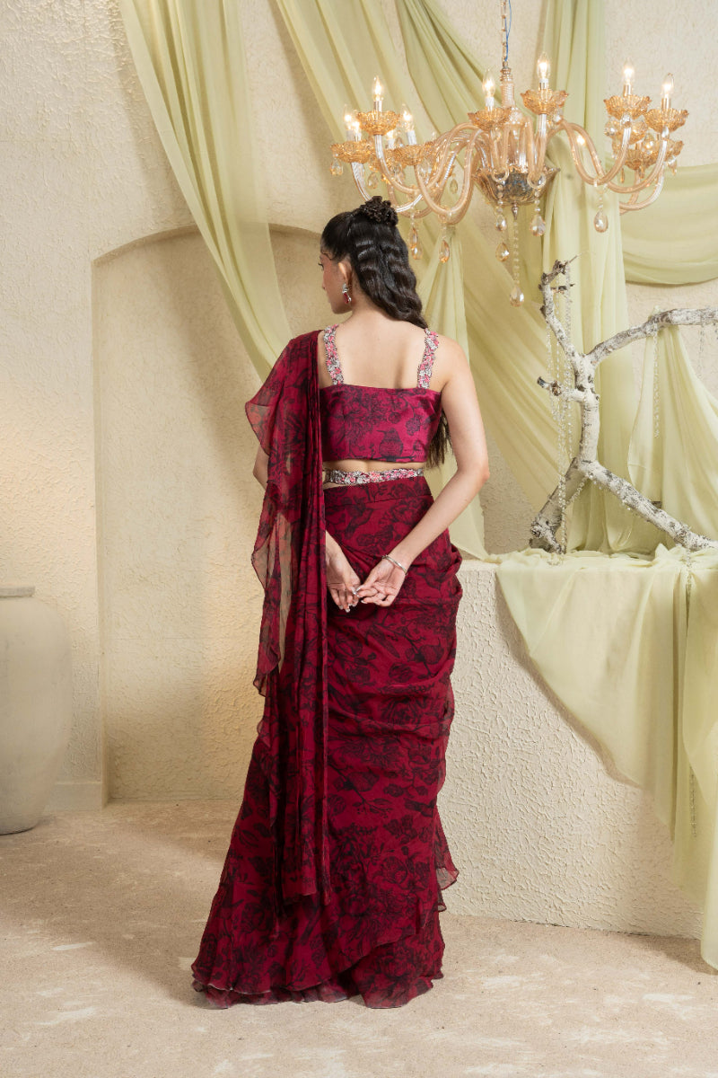 Shadow Rose Hand-Embroidered Ruffle Saree With Belt