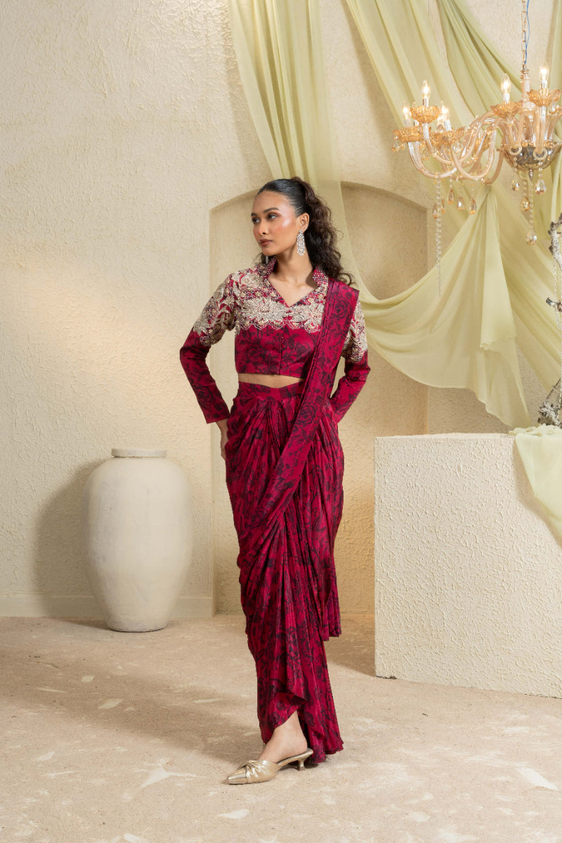 Shadow Rose Hand-Embroidered Drape Saree