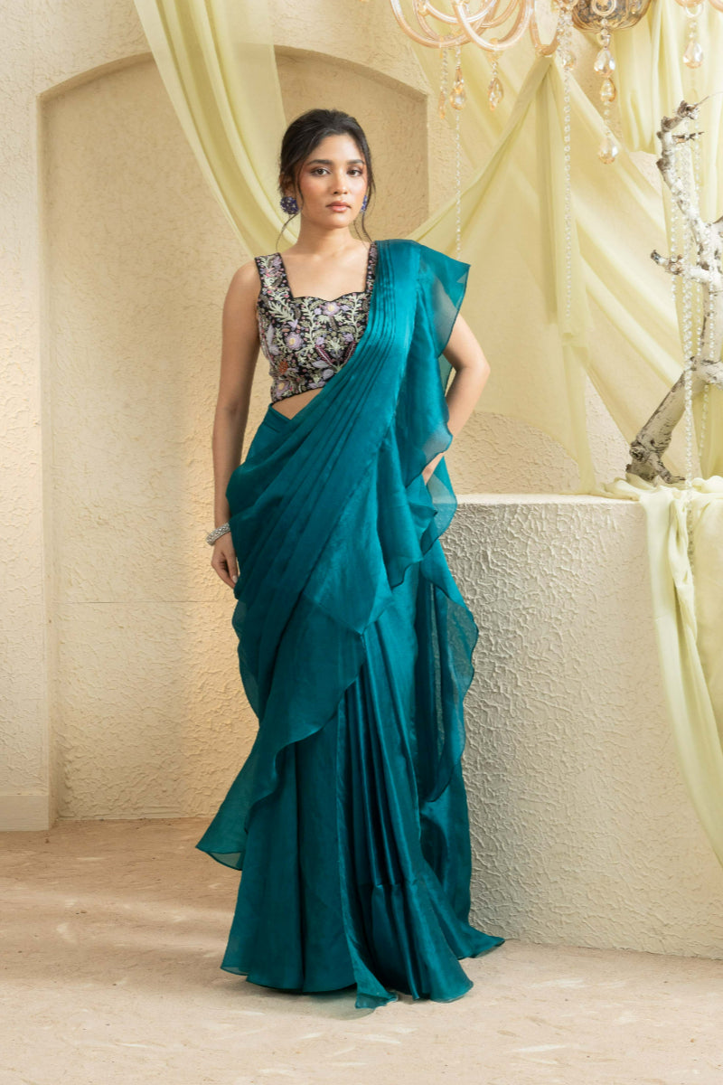 Mystic Teal Hand-Embroidered Ruffle Saree