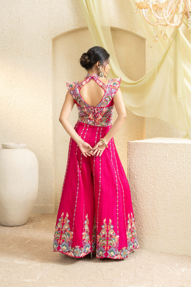 Fuchsia Bloom Hand-Embroidered Jumpsuit