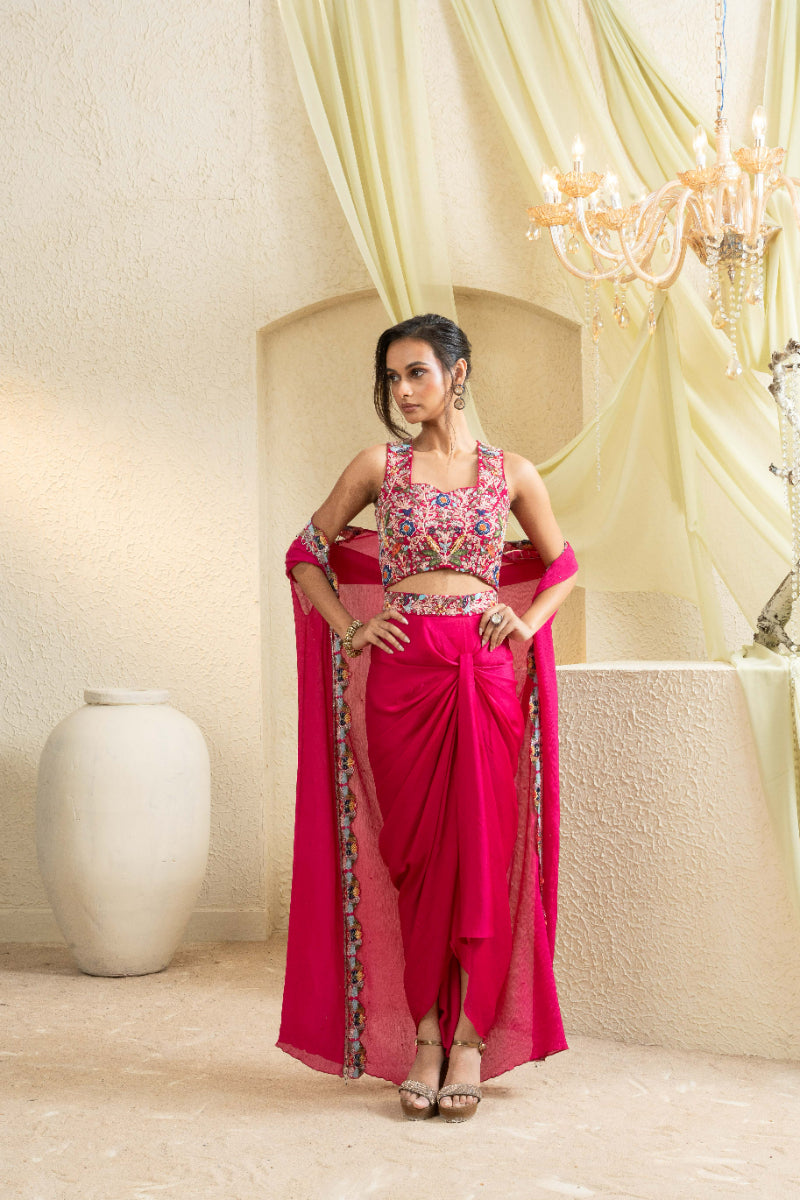 Fuchsia Bloom Hand-Embroidered Cape Set