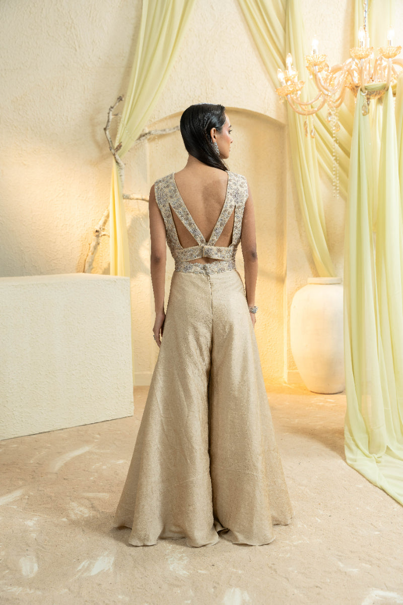 Luxe Beige Hand-Embroidered Jumpsuit