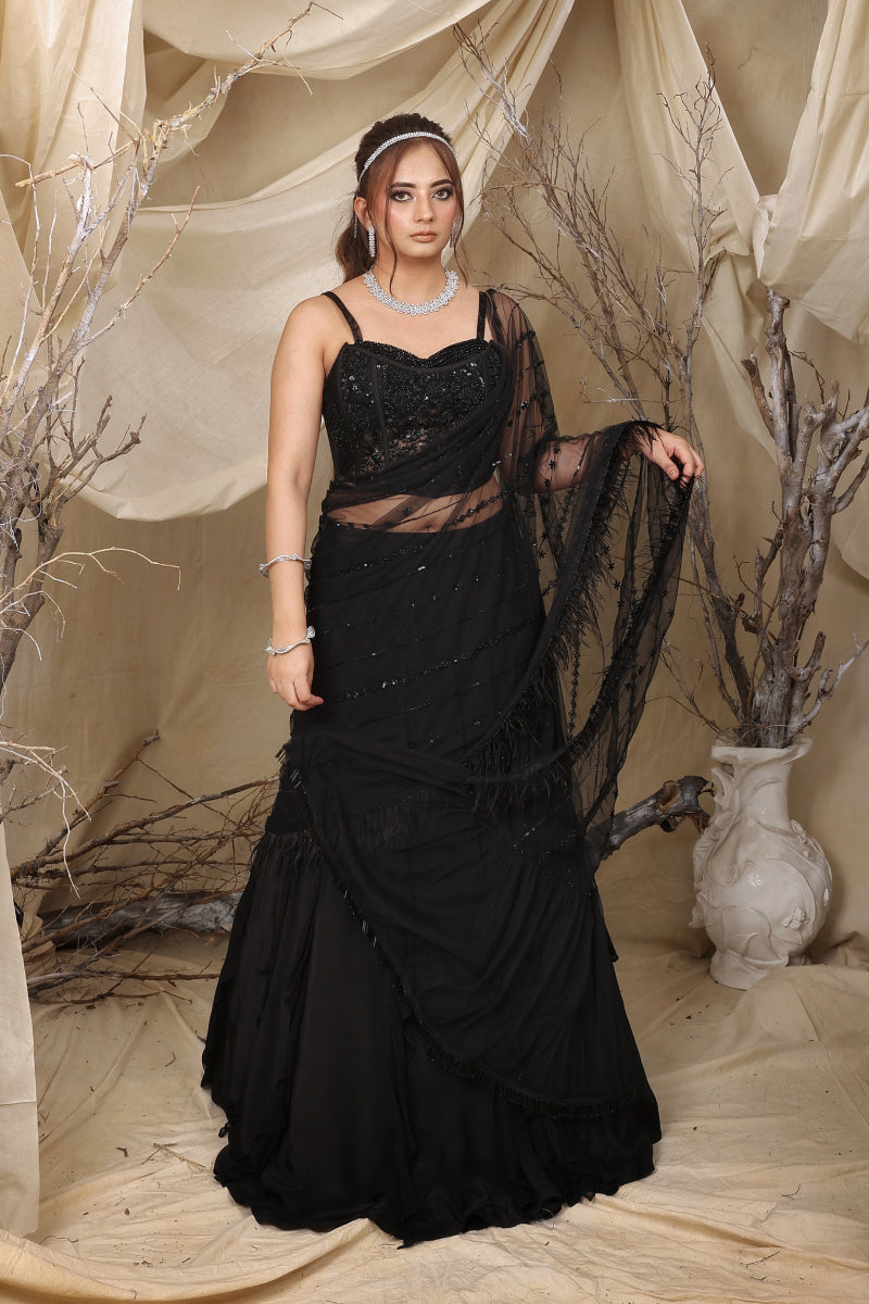 Black Corset Blouse With Ruffle Skirt & Drape