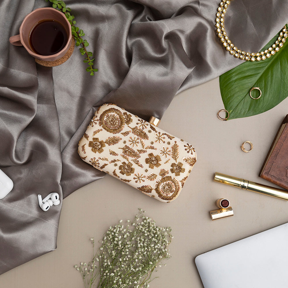 THE TAN CLAN Aabish Beige Hand Embroidered Clutch