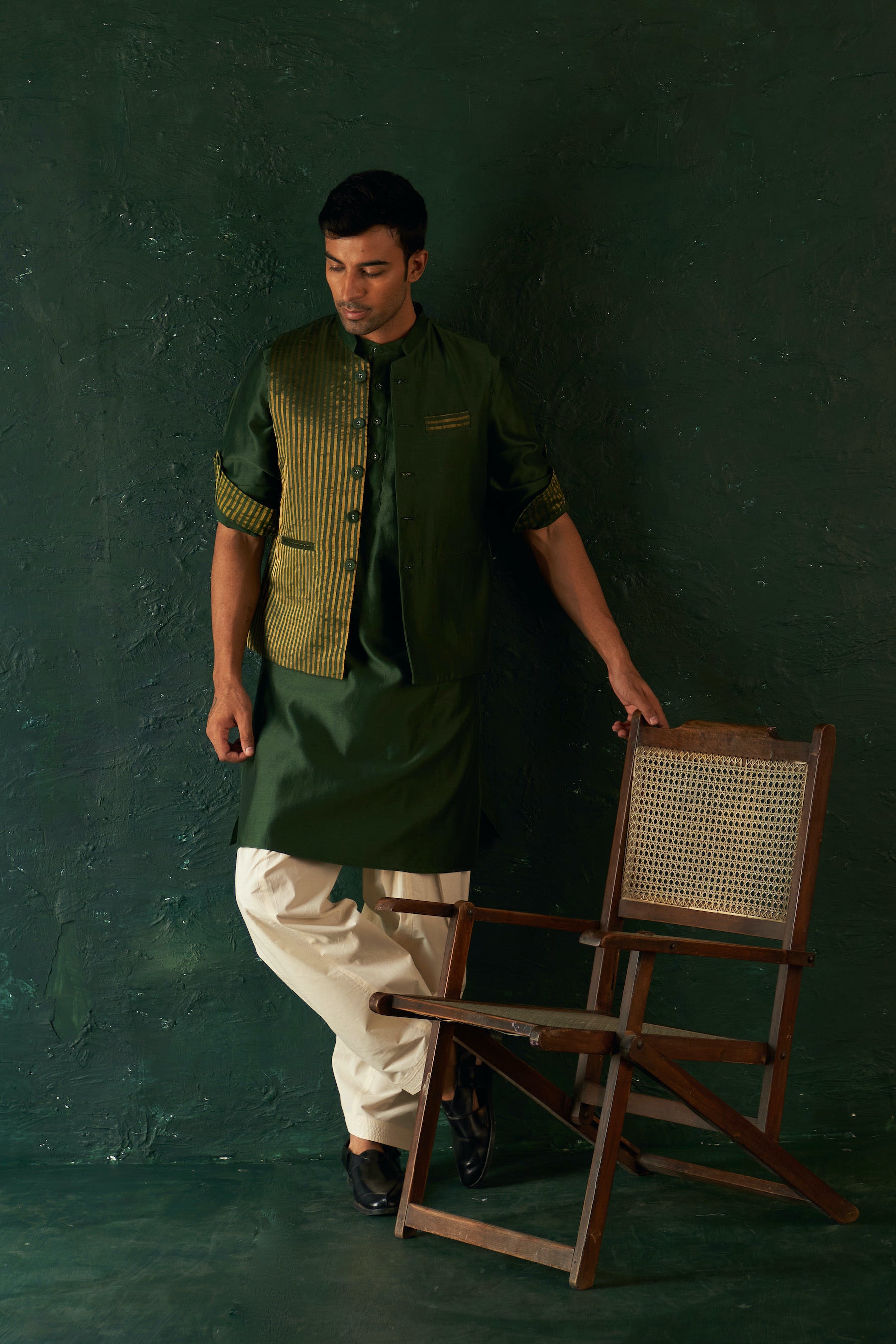 Midas Deep Green Tissue Stripe Nehru Jacket - Set of 1
