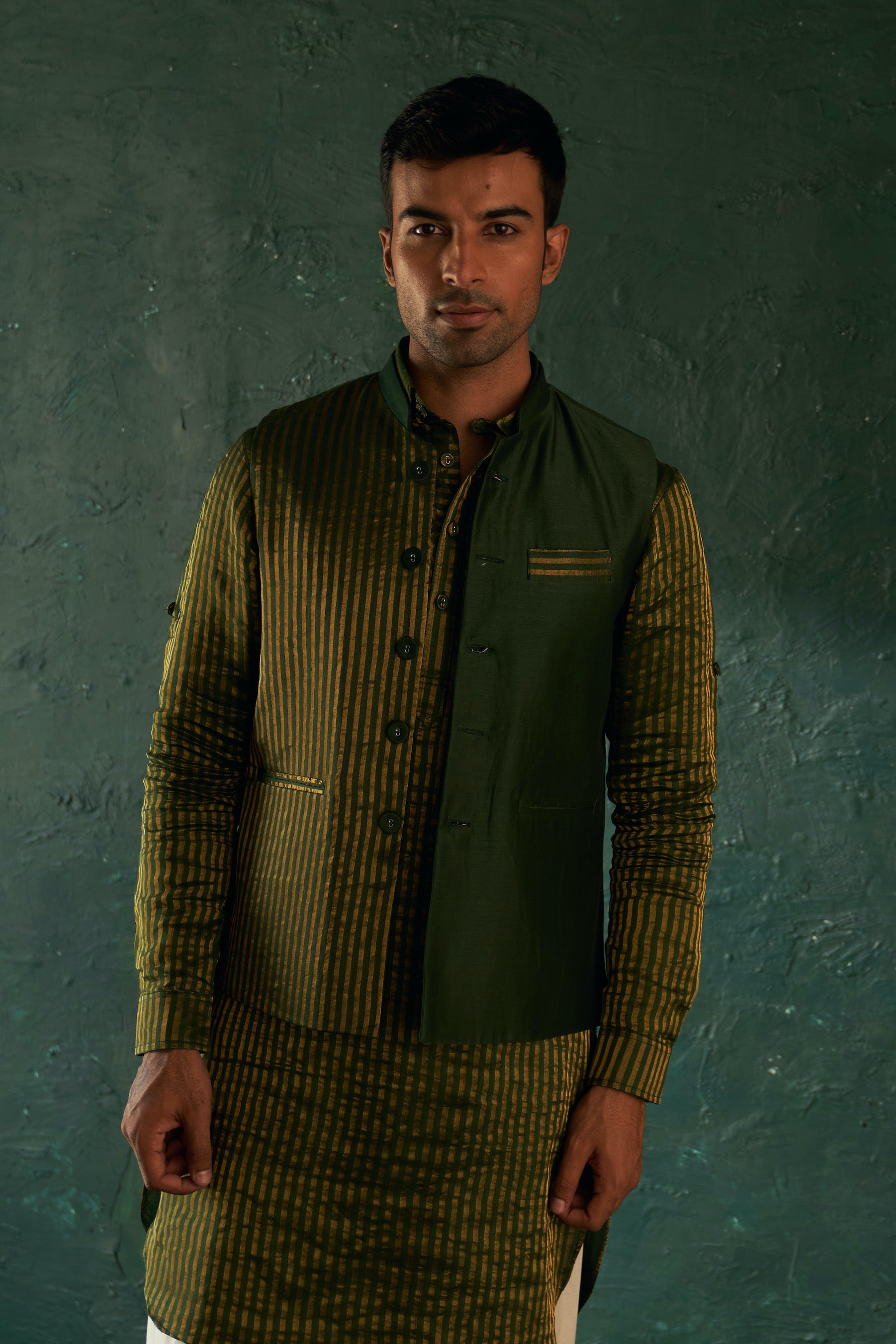 Midas Deep Green Tissue Stripe Nehru Jacket - Set of 1