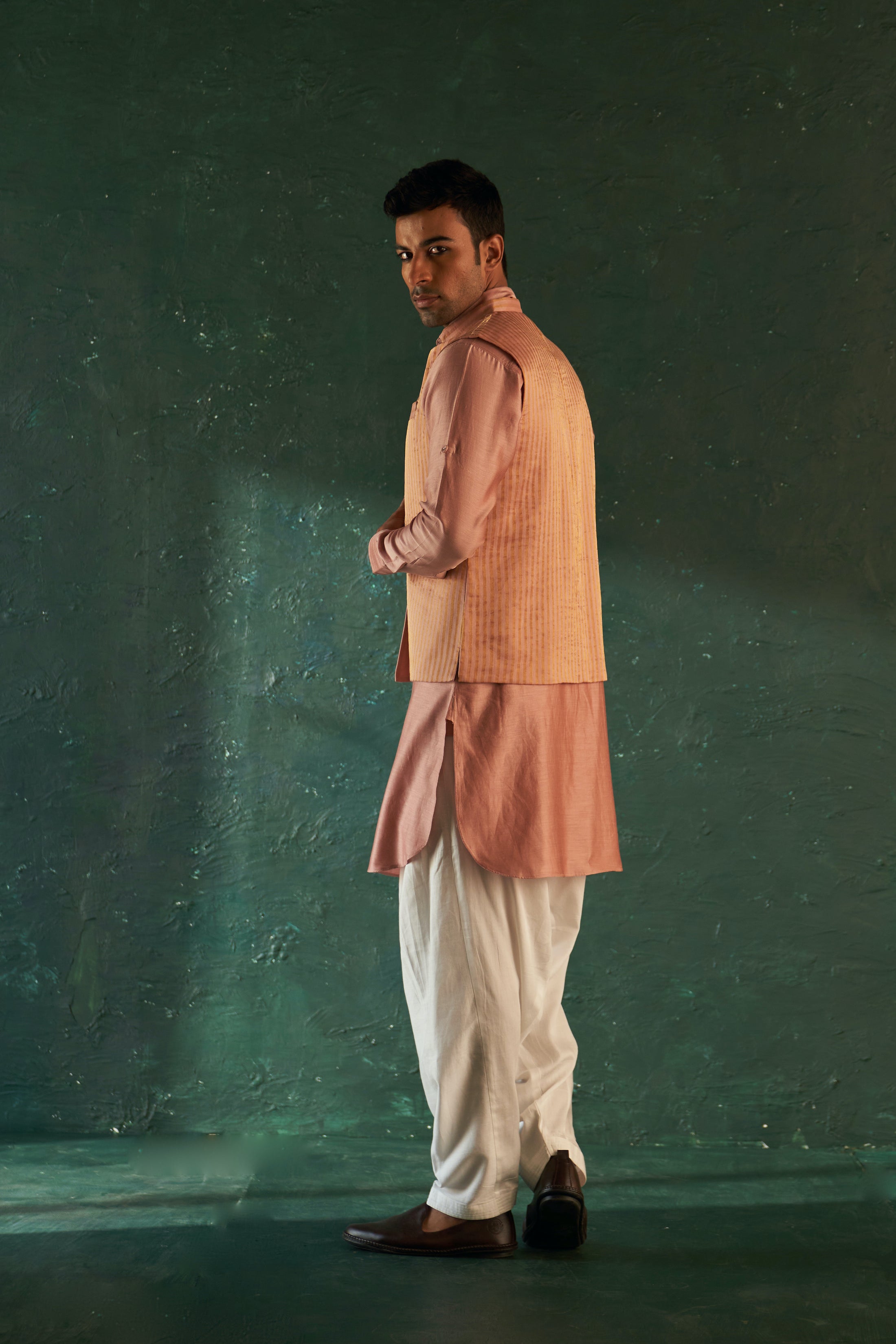 Men's Rose Pink Pathani Kurta Set with Jacket- set of 3