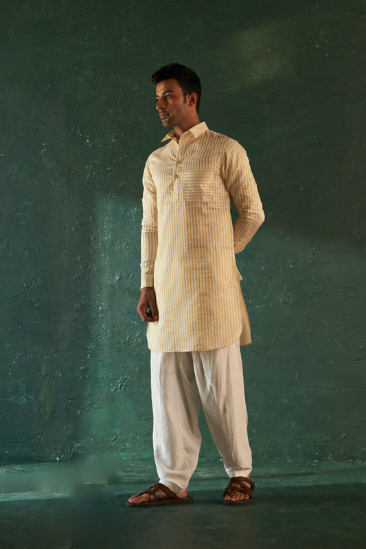 Men's White Stripe Pathani Kurta Set with Jacket- set of 3