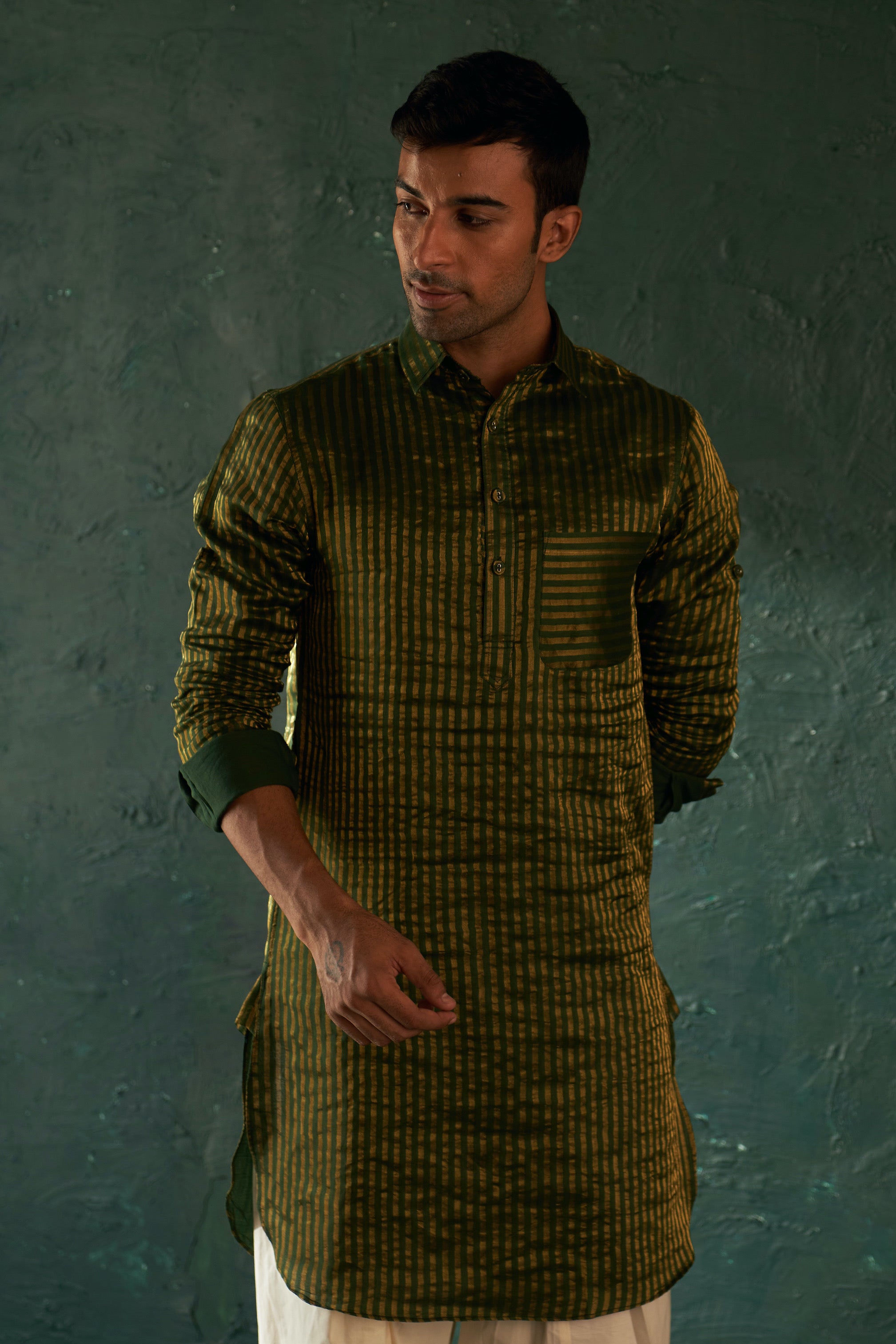 Men's Deep Green Stripe Pathani Kurta Set with Jacket- set of 3