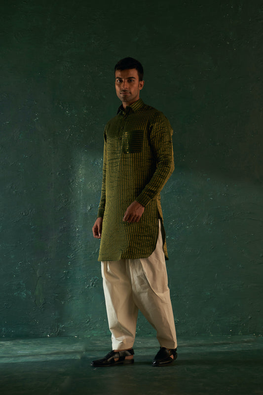 Men's Deep Green Stripe Pathani Kurta Set with Jacket- set of 3