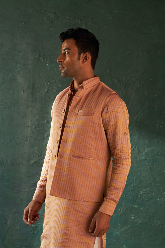 Men's Rose Pink Stripe Pathani Kurta Set with Jacket- set of 3