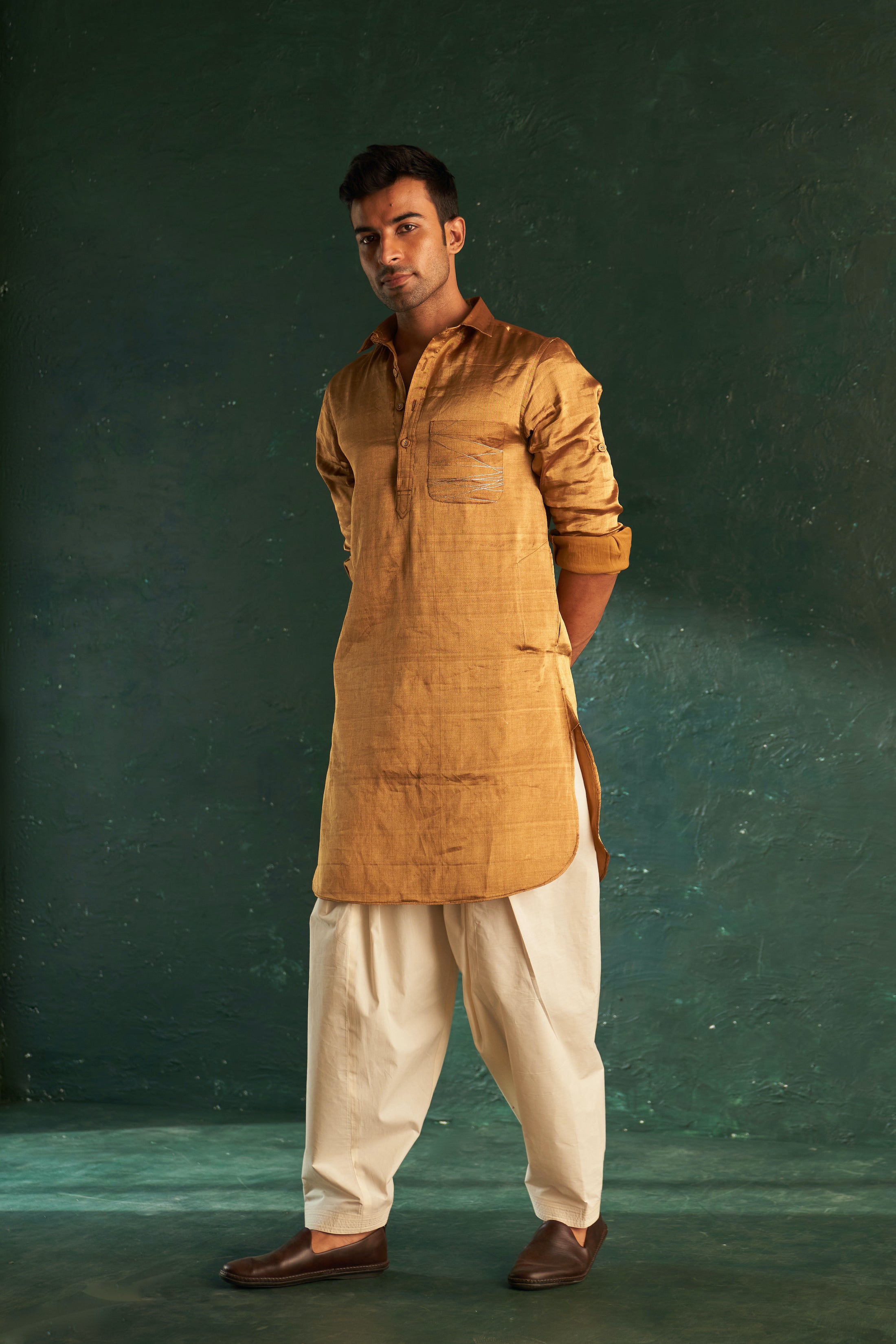 Men's Gold Tissue Pathani Kurta Set with Jacket- set of 3
