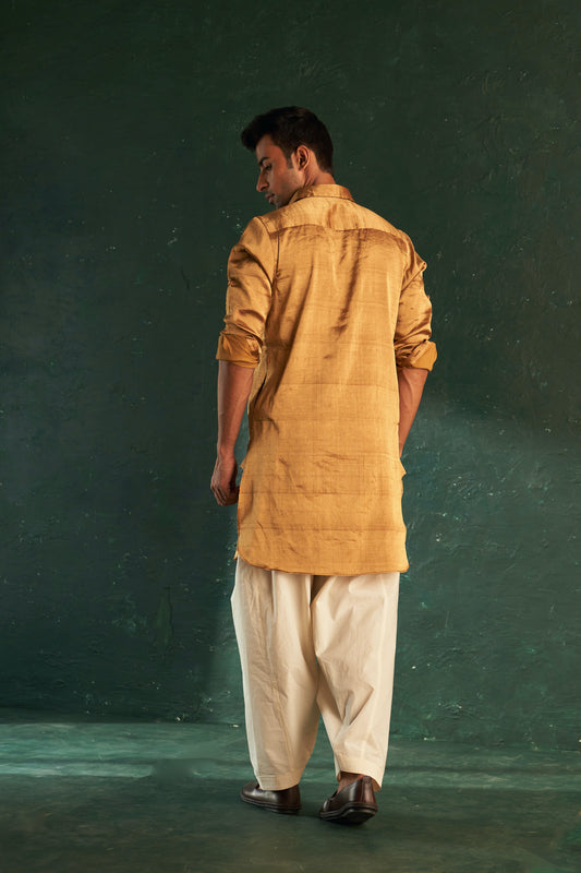 Men's Gold Tissue Pathani Kurta Set with Jacket- set of 3