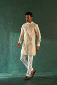 Load image into Gallery viewer, Men's White Chevron Front Placket Kurta With Pant- set of 2
