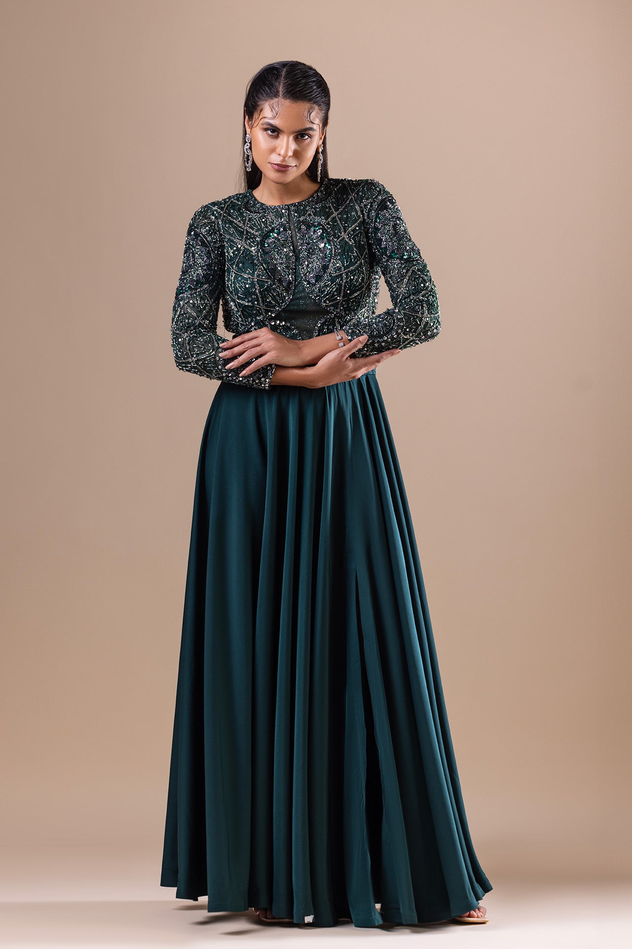 Bottle Green Crepe Embroidered Dress