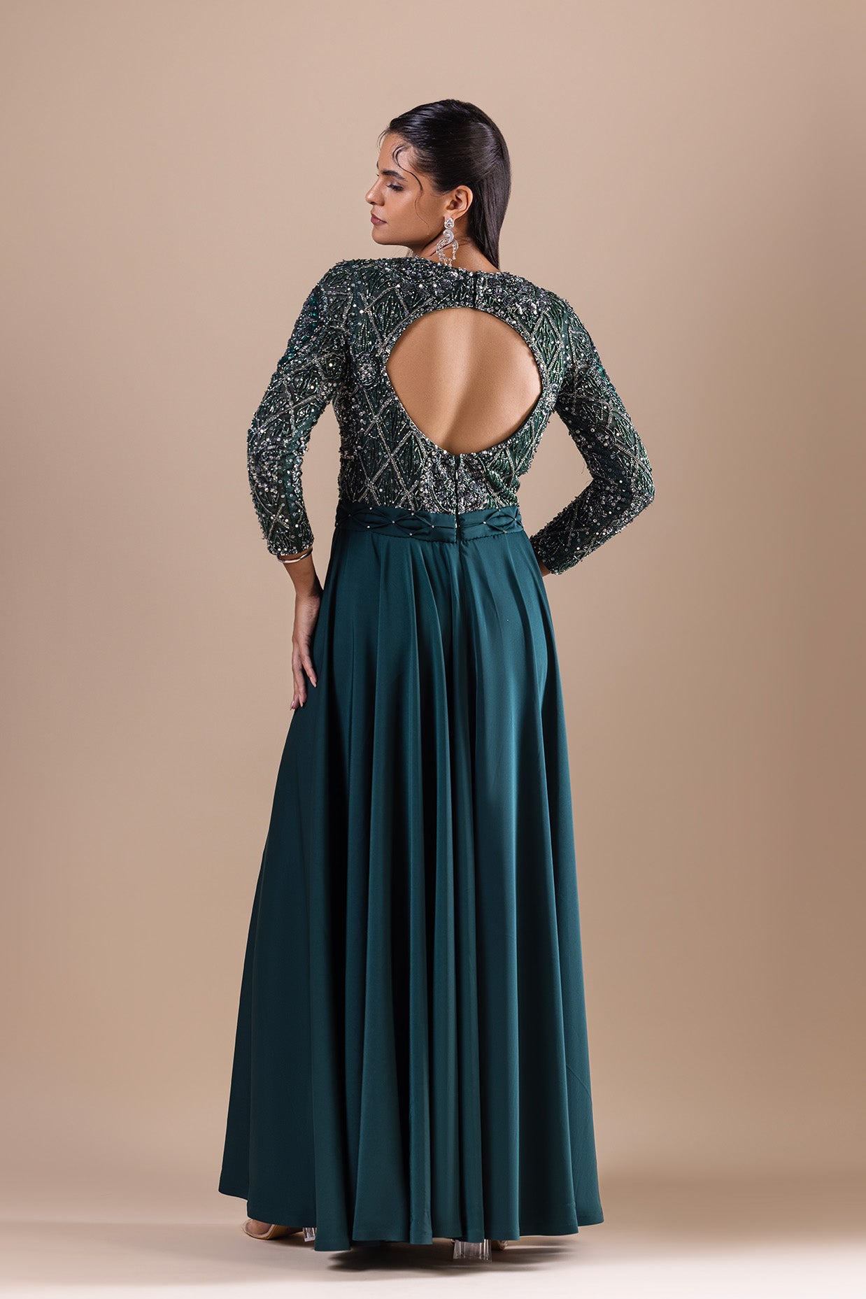 Bottle Green Crepe Embroidered Dress