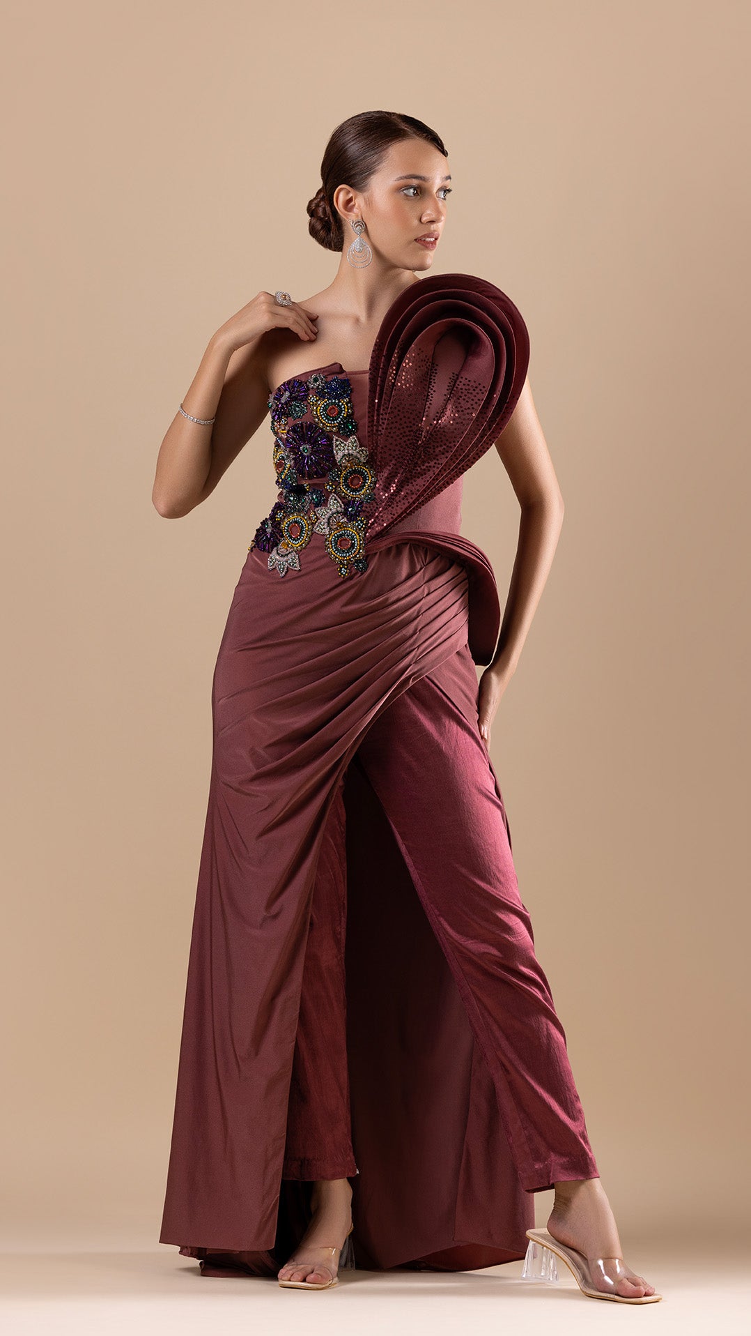 Wine Embroidered Tube Dress With Pants