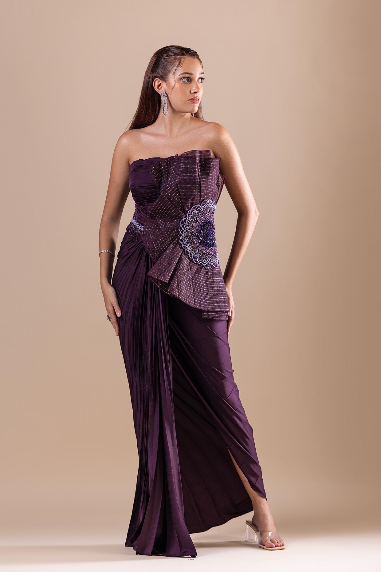 Burgundy Armani Satin Embroidered Tube Dress