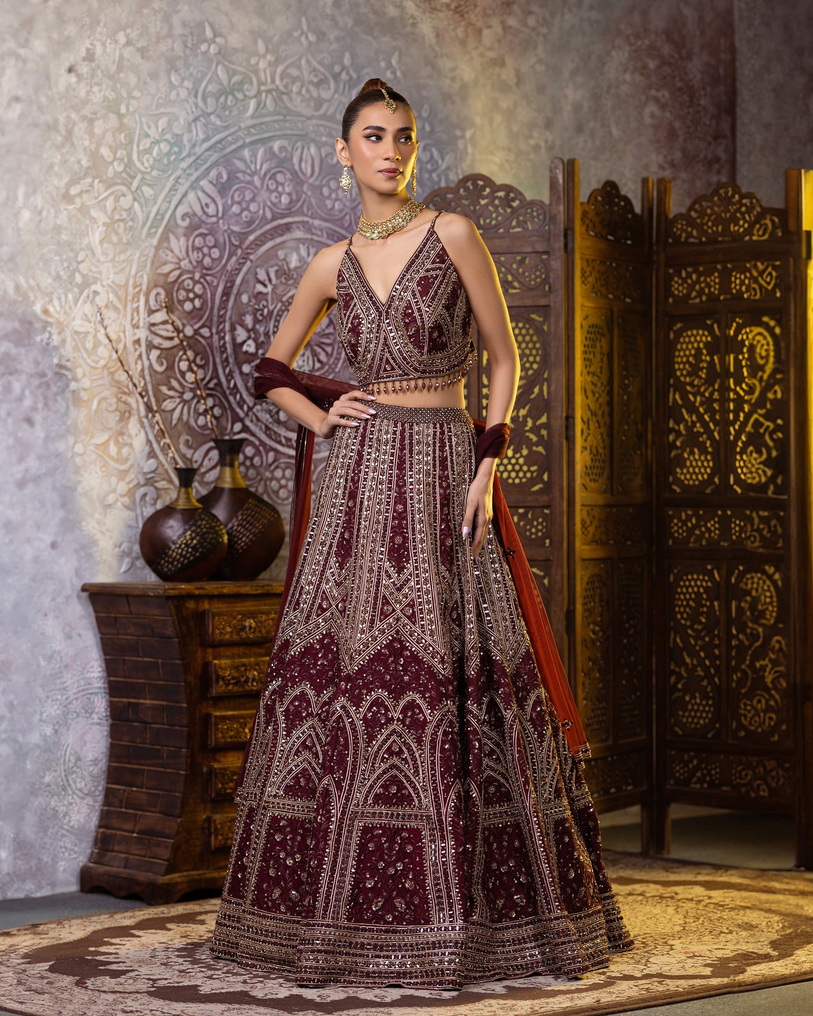 Dark Wine Resham Work Lehenga Choli