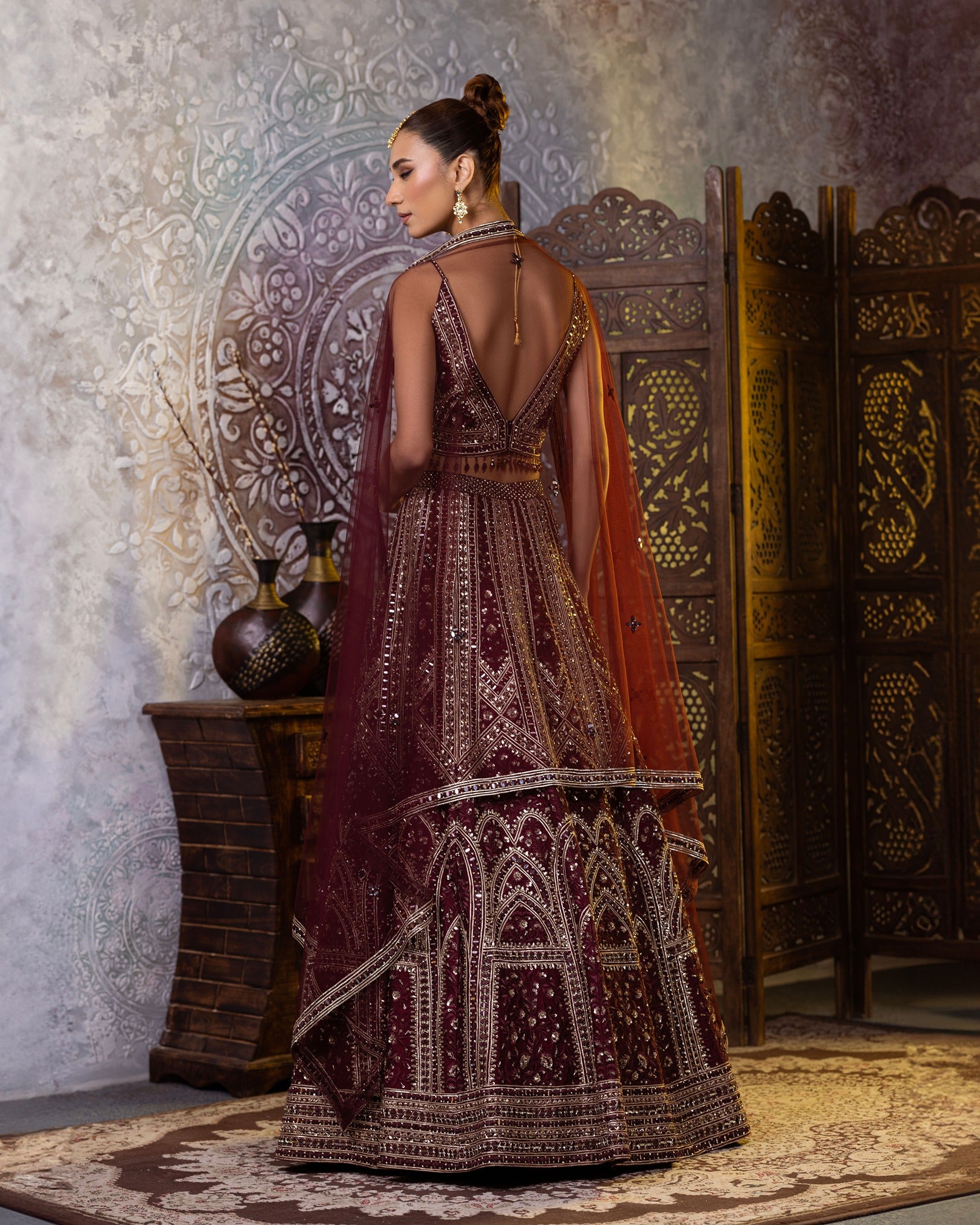 Dark Wine Resham Work Lehenga Choli