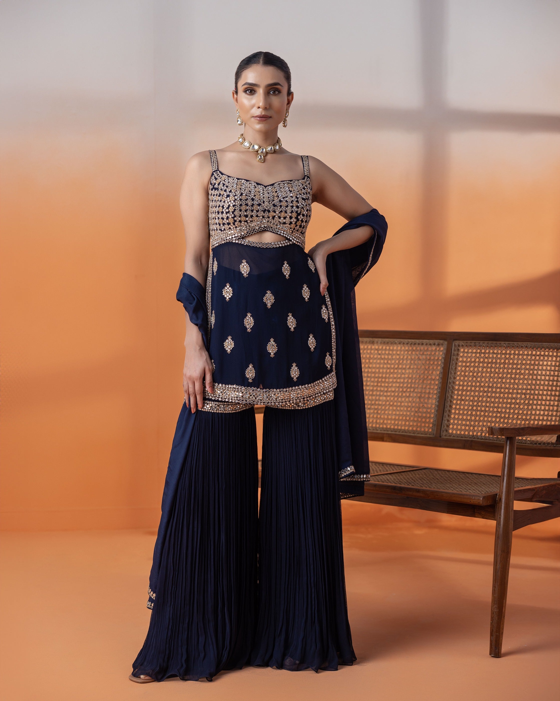 Navy Kundan & Mirror Gharara Set
