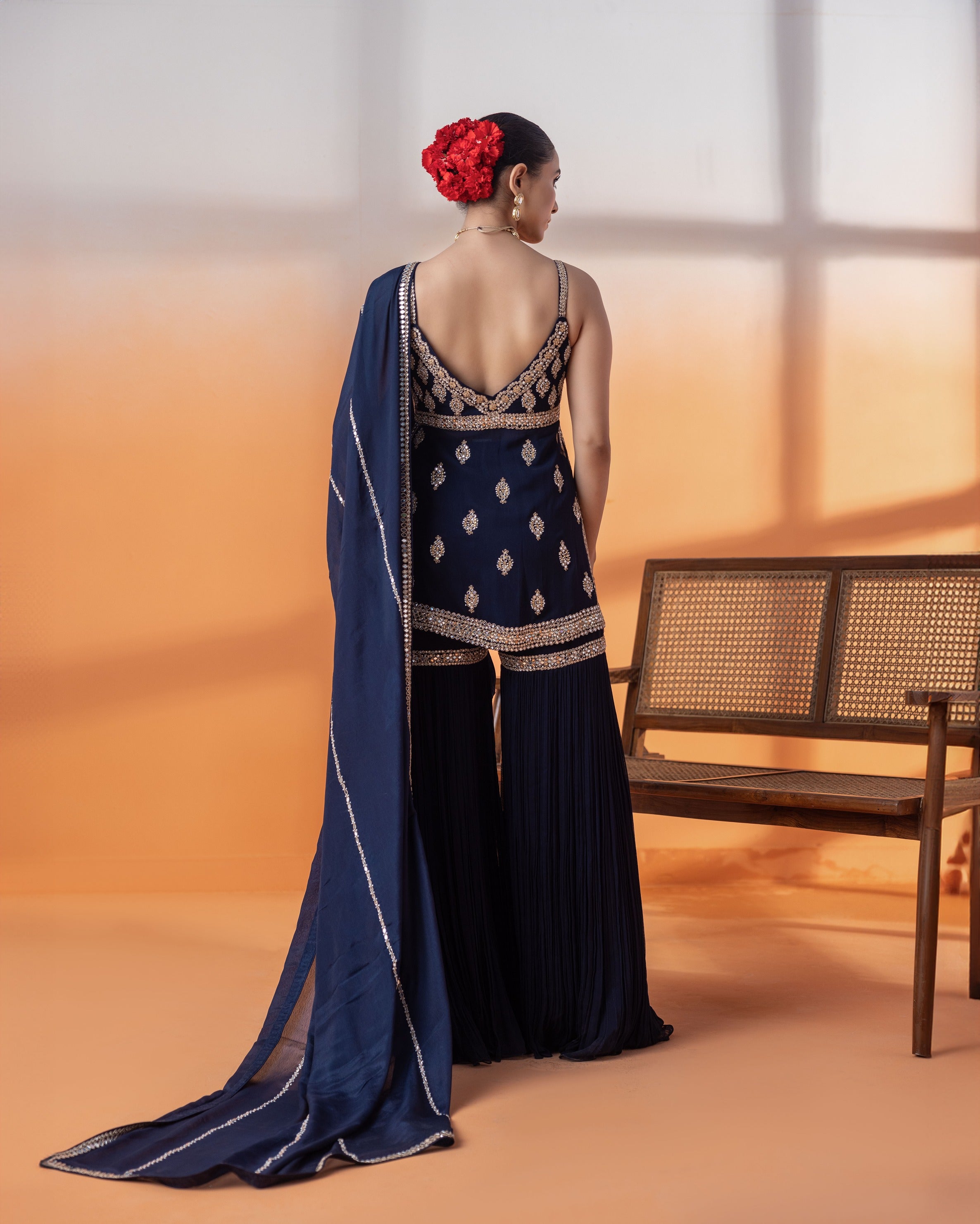 Navy Kundan & Mirror Gharara Set