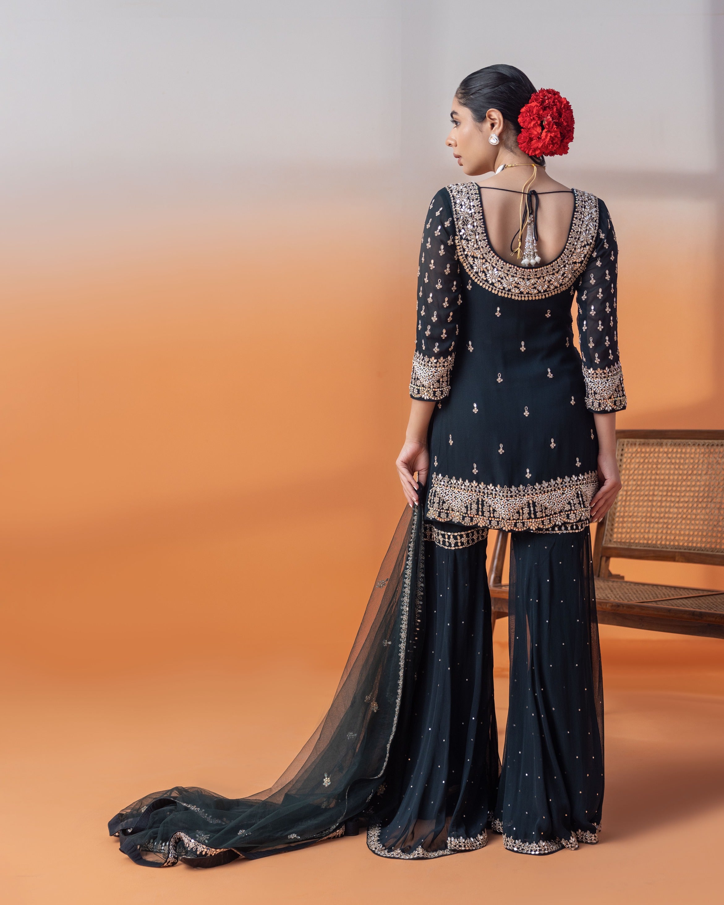 Navy Kundan & Mirror Gharara Set