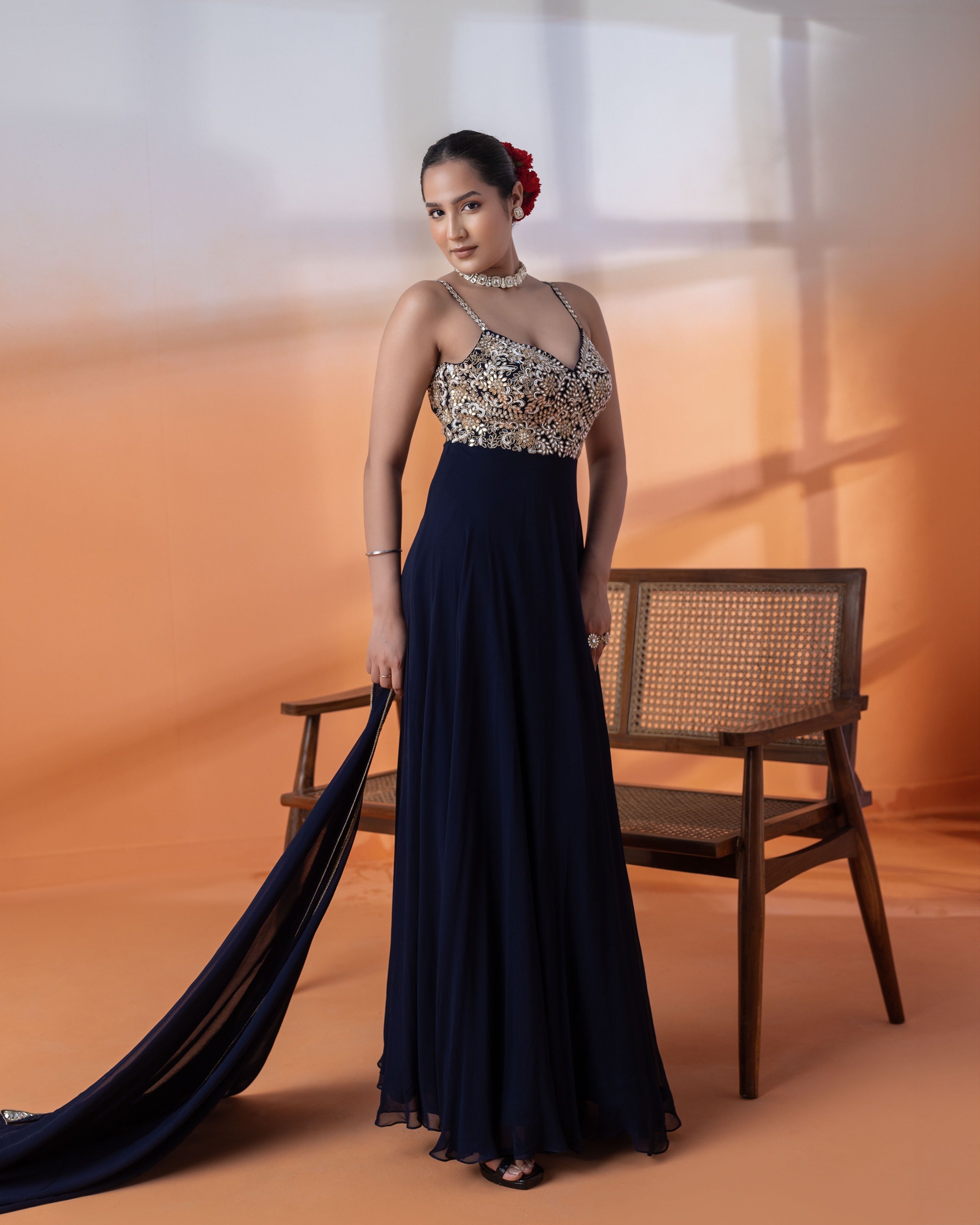 Navy Mirror & Kundan Anarkali