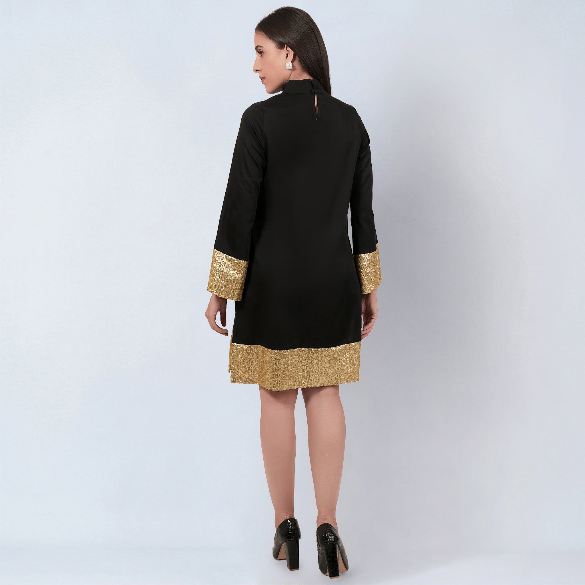 Black Cotton Satin Tunic Dress with Gold Sequin Border